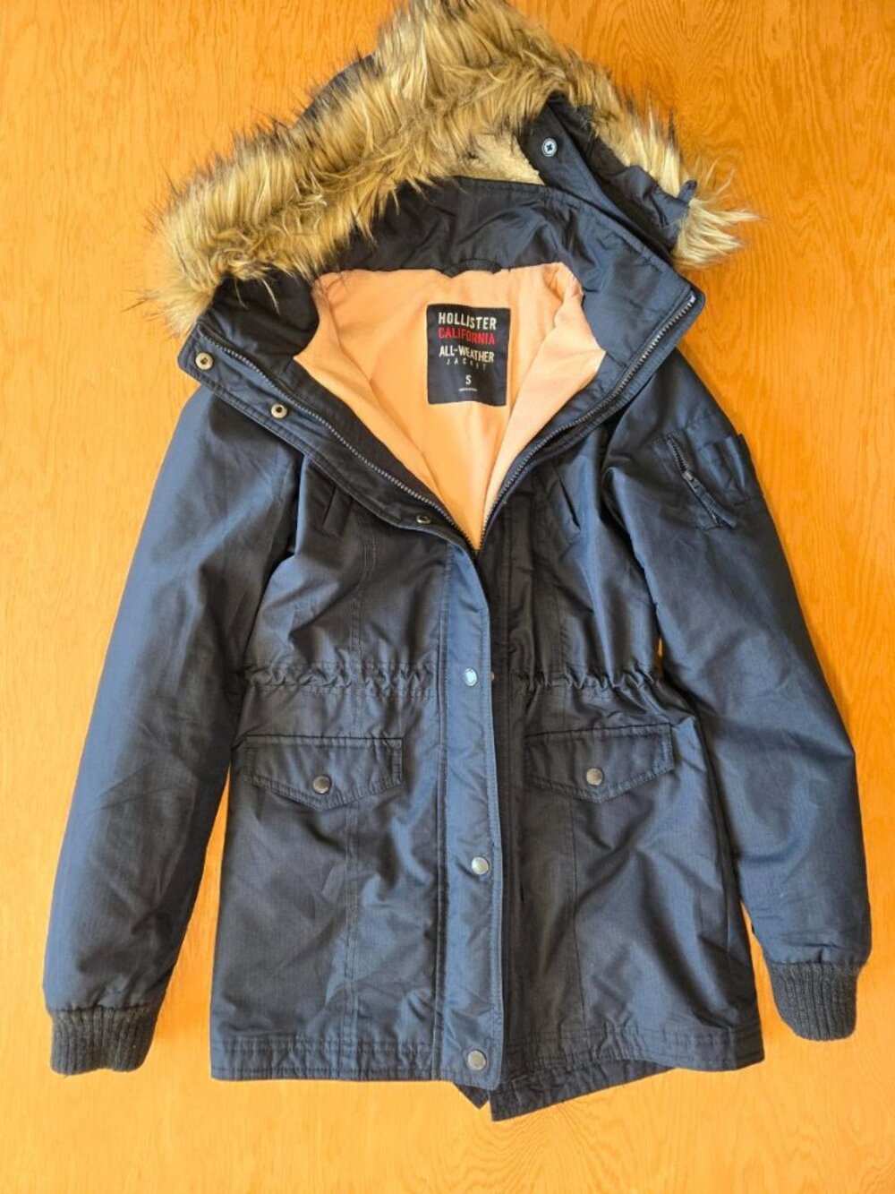 Hollister All-Weather Parka Jacket Faux Fur Hood Navy Blue Women's S